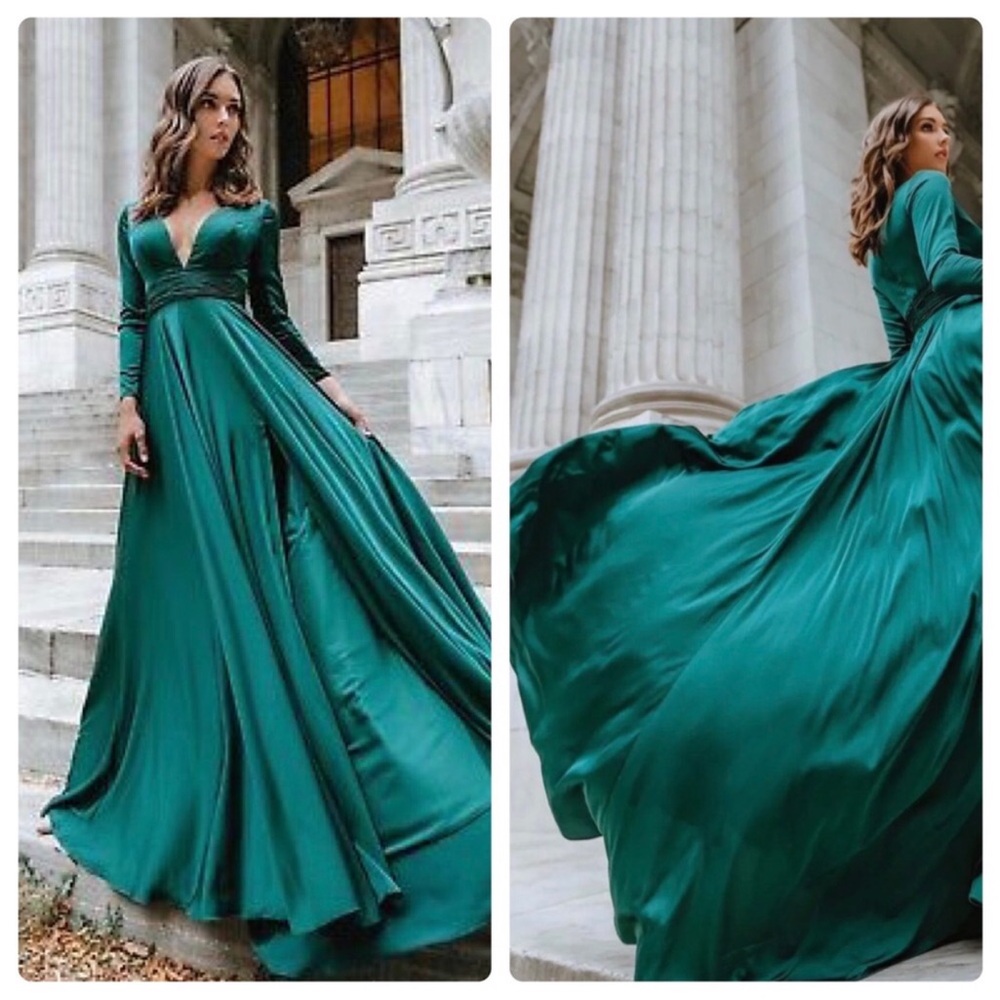 Mac Duggal Long Sleeves Rouched Wasit A-Line Gown